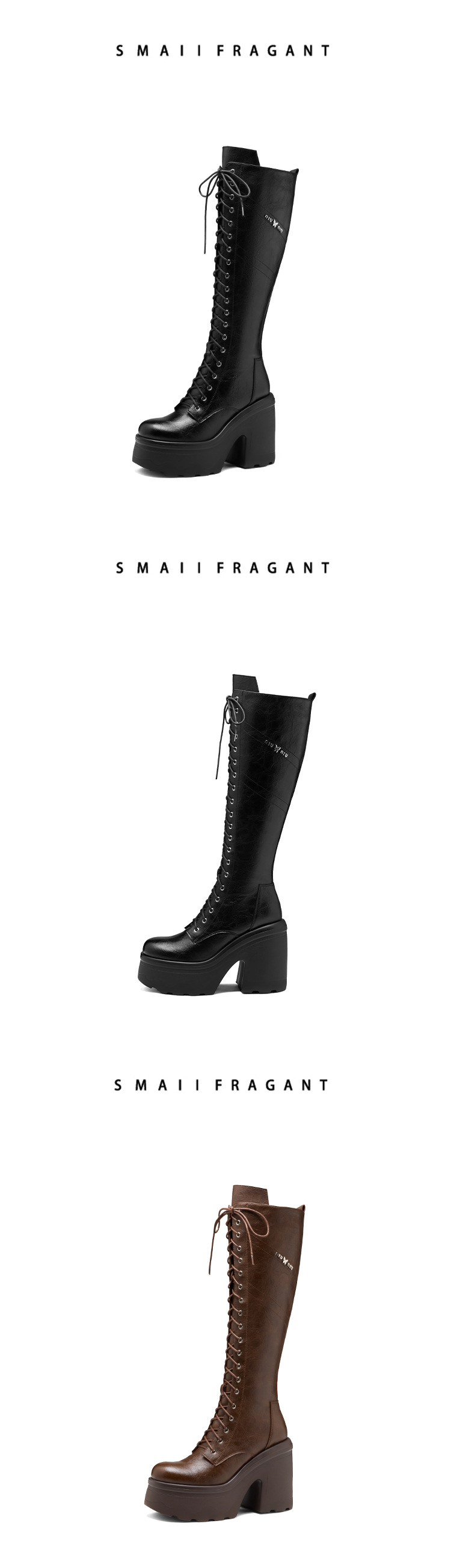 Boot nữ cổ cao ôm bắp chân, gót 12 cm, phong cách Anh, da thật, buộc dây, đế dày — nhung nâu chi tiết 8