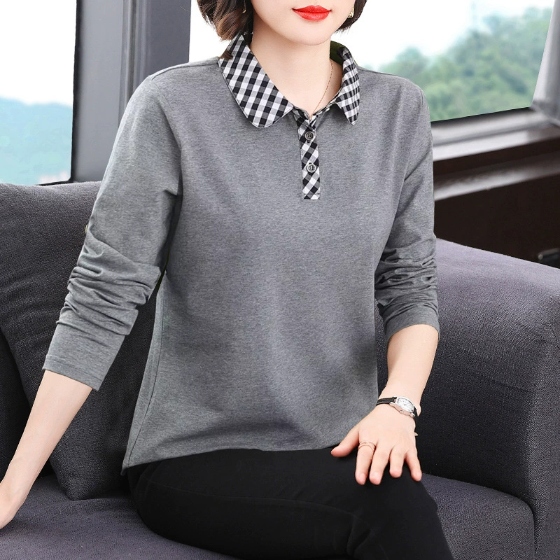 Клетчатая футболка с длинным рукавом с воротником хлопчатобумажная мама весна и осень 2025 новый серый сшитый женский топ поло рубашка