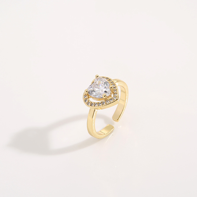 Sweet Heart Shape Brass Plating Inlay Zircon Open Ring 1 Piece