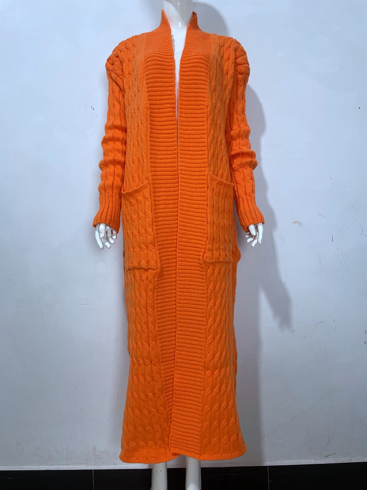 Damen-Strickjacke mit langen Ärmeln, einfarbig, langer Pullover, dicker Mantel_voghion.com