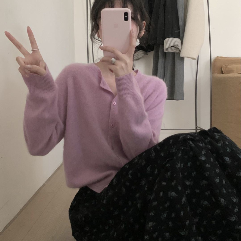 25 Autumn and Winter Korean Style Round Neck Normcore Pure Color High-End Lazy Casual Cashmere Brushed Versatile Women's Knitted Cardigan