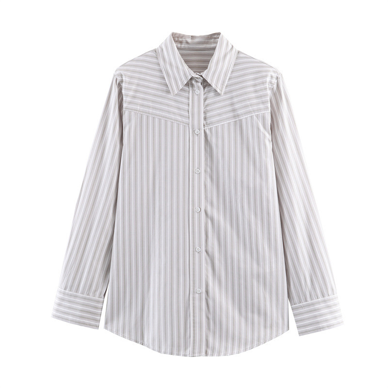 Foreign Trade Cross-Border Women's Clothing Wholesale 2025 New European and American Style Casual Striped Shoulder-Padded Poplin Shirt 3152165 Foreign Trade Cross-Border Women's Clothing Wholesale 2025 New European and American Style Casual Striped Shoulder-Padded Poplin Shirt 3152165