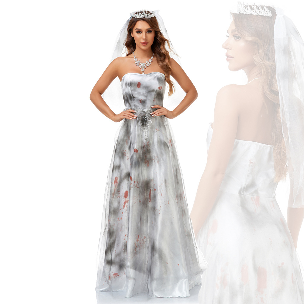 2022萬聖節水墨暈染血腥鬼新娘服裝喪屍吸血鬼cosplay演出遊戲服