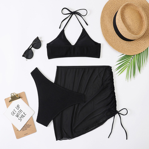 New cross-border European and American style spring and summer new women's swimwear slim solid color sexy fashion halter neck three-piece set
