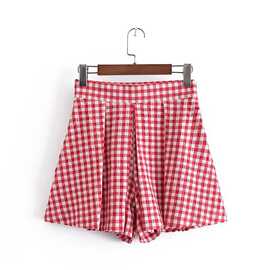 速卖通跨境欧美女装批发2025早春新款红小格打褶休闲短裤