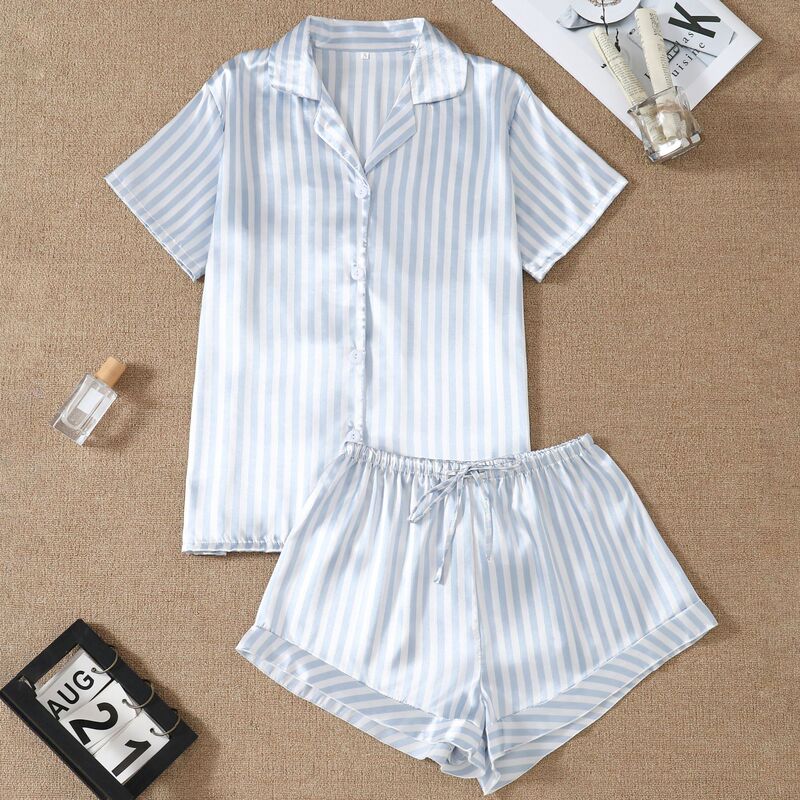 European and American Cross-Border Gray Blue Pinstripe Lapel Short-Sleeve Cardigan Drawstring Ruffle Pants Women's Summer Pajama Set Loungewear