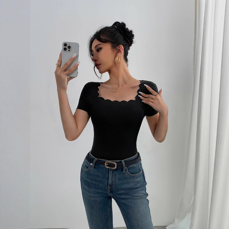 Amazon 2026 Fashion New Knit Top Women's Short-Sleeve European and American Slim Sexy Cross-Border Stretch T-Shirt Amazon 2026 Fashion New Knit Top Women's Short-Sleeve European and American Slim Sexy Cross-Border Stretch T-Shirt