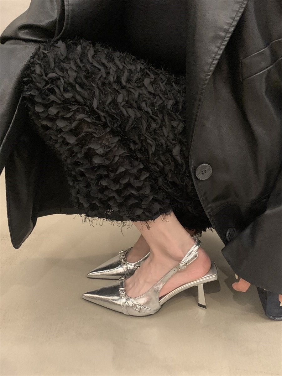 Design Sense Silver Pointed Toe High Heel Sandals For Women Summer New Elegant Socialite Versatile_vogvips.com