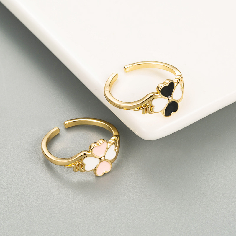 Korean Heart-shaped Four-leaf Clover Copper Gold-plated Oil Drop Ring display picture 3