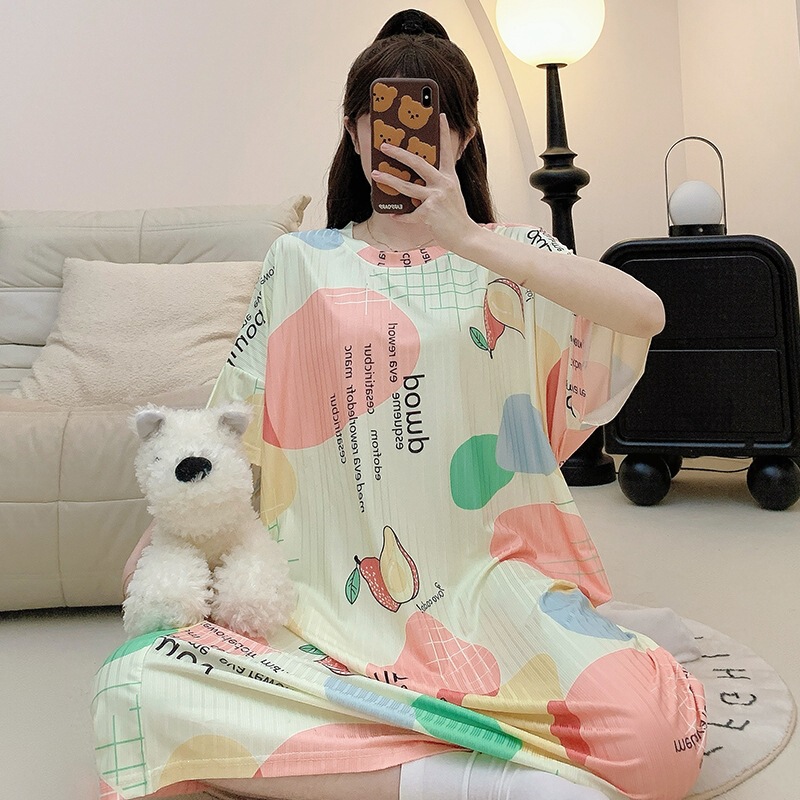 Striped Pajamas for Women Summer Casual Short-Sleeved Loose Nightgown Plus Size 150kg Home Wear Ice Silk Pajamas for Women Summer