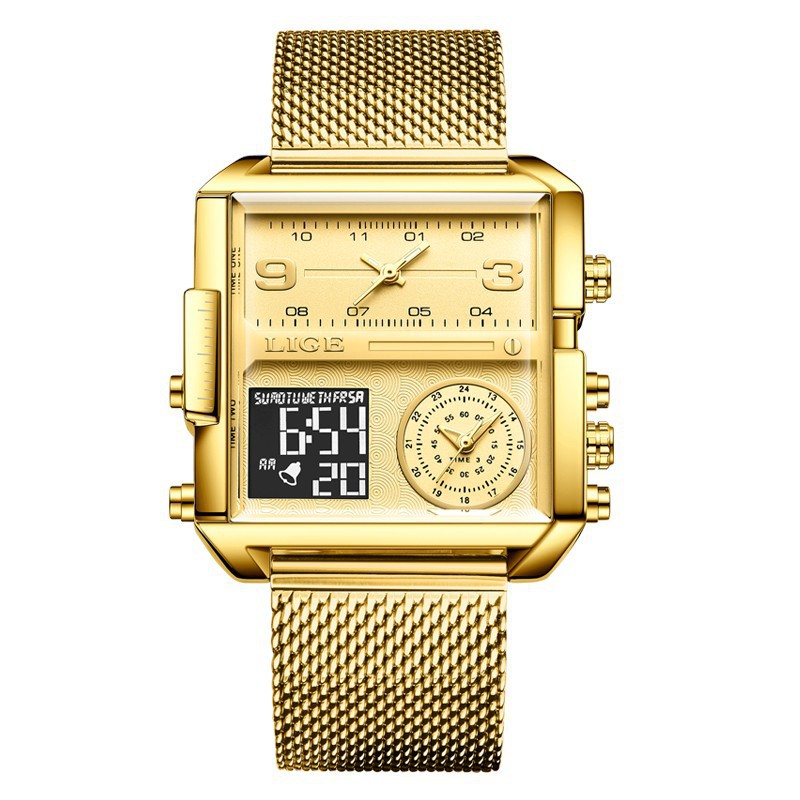 LIGE 8925SS nuevo cinturón de malla placa cuadrada doble pantalla personalidad creativa electrónica de cuarzo reloj de hombre fresco