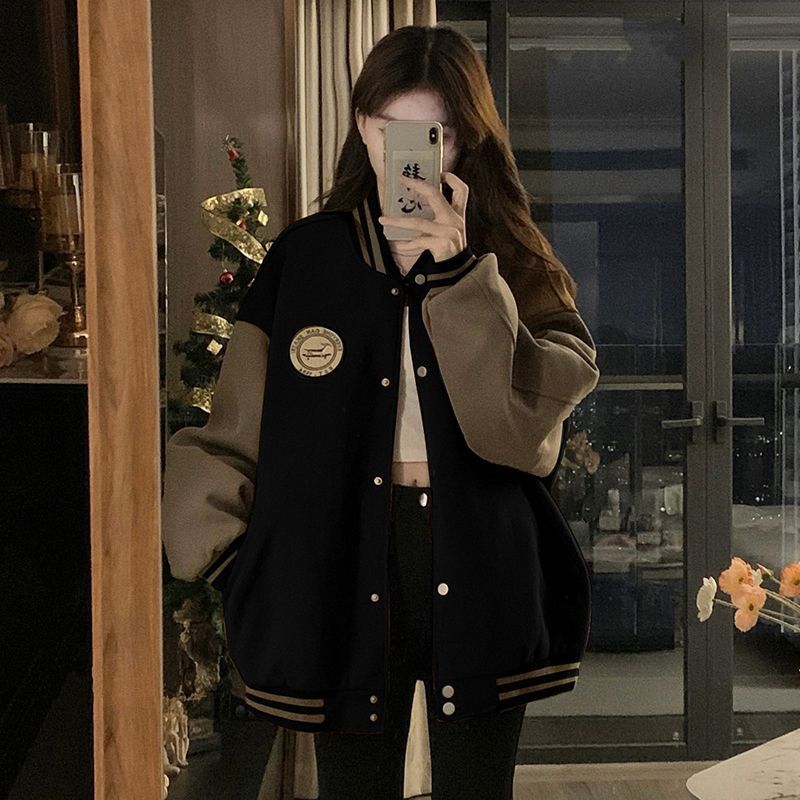 美式学院风棒球服外套女春秋季新款复古拼色炸街chic港风夹克上衣|undefined