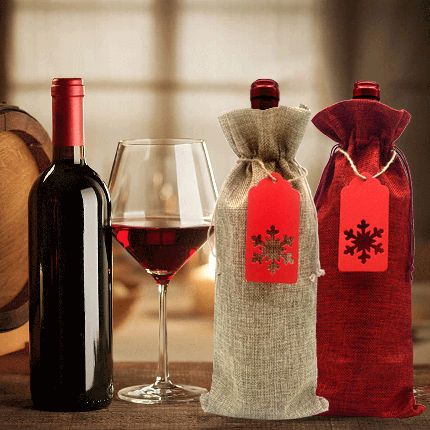 12 piezas arpillera bolsa de vino traje arpillera bolsa de regalo copo de nieve Kraft etiqueta de papel banquete de boda ciego bolsa de degustación de vino