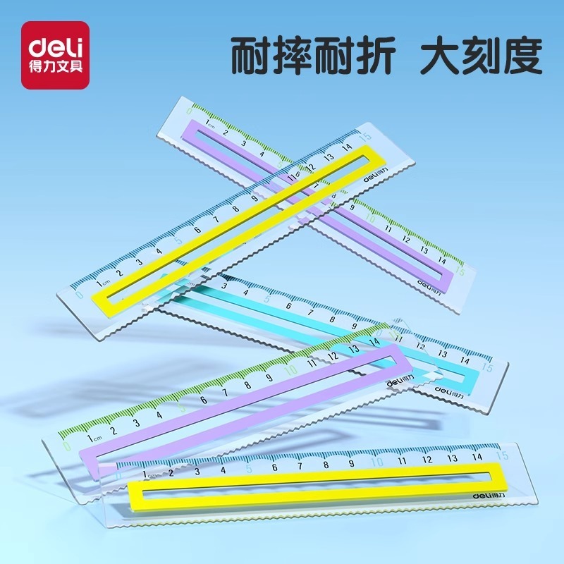 得力V715包胶直尺防滑直尺学生考试绘图测量尺子透明刻度尺带波浪|undefined