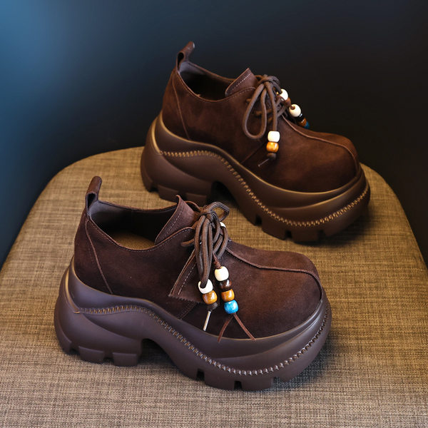Giày lười nữ đế xuồng cao platform phong cách JK preppy thanh lịch, đế dày — nâu
