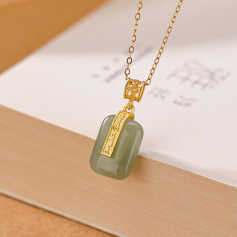 Mặt dây chuyền bạc S925 đính ngọc bích Hetian tự nhiên phong cách Trung Hoa – hình đồng xu thần chú sáu ký tự — Mặt dây chuyền đơn kiểu Fu (không bao gồm dây chuyền)