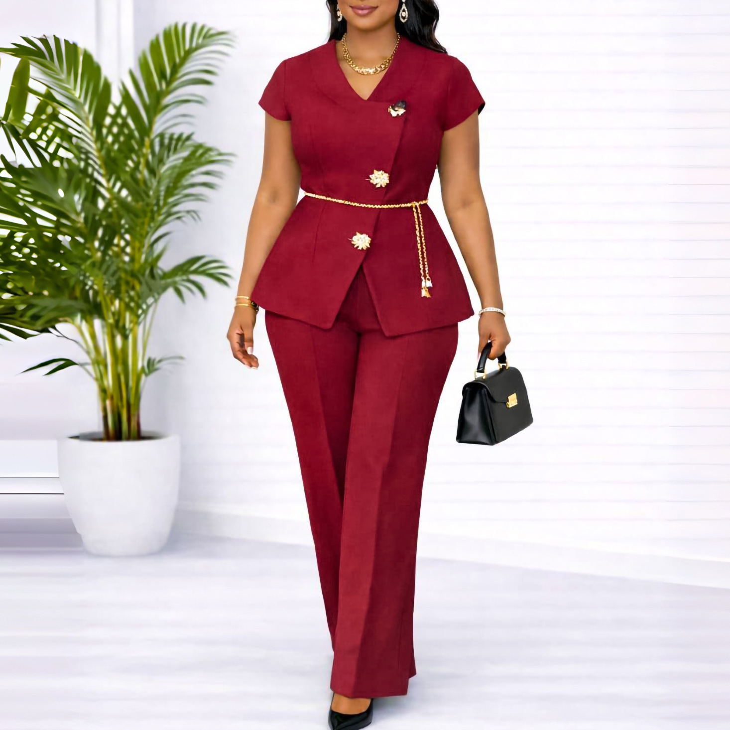 D618亚马逊跨境外贸夏季时尚气质v领链条收腰上衣宽松西装裤套装