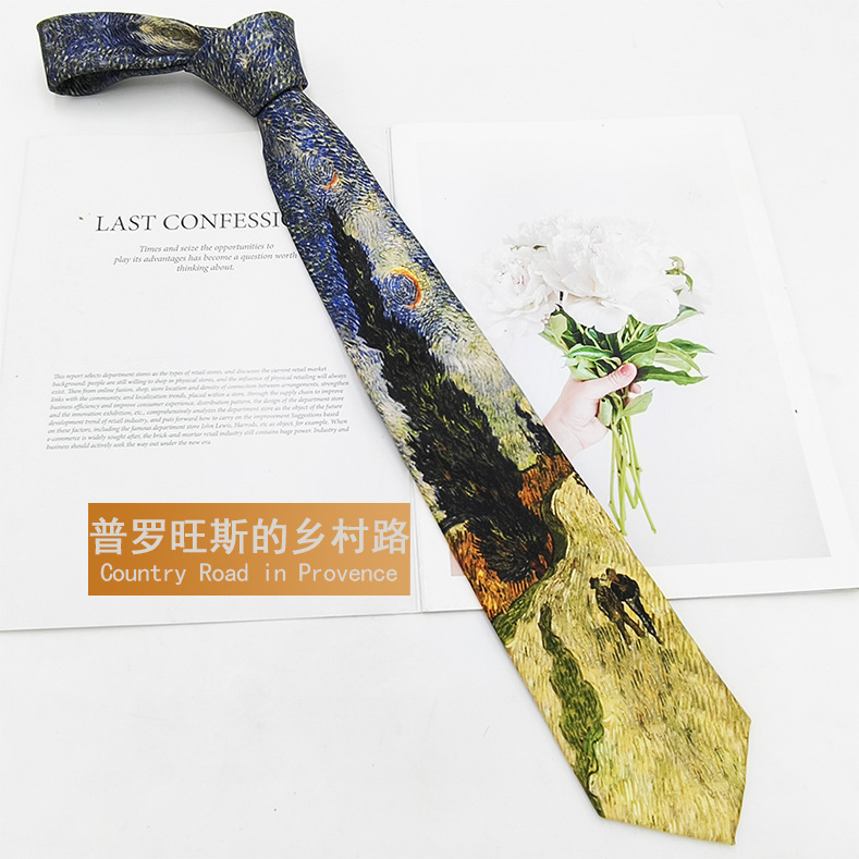 Van Gogh Pintura al óleo Hombre Impresión de seda de poliéster Corbata retro Fabricante Spot Moda Casual Corbata Mano 8cm