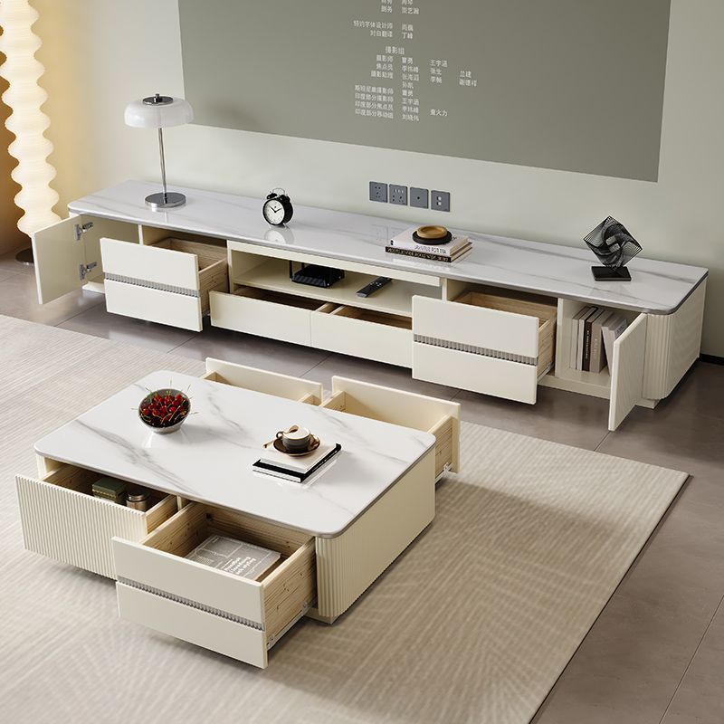 Solid Wood Floor TV Cabinet Modern Simple Cream Style Living Room Household TV Cabinet Coffee Table Combination Rock Floor Cabinet