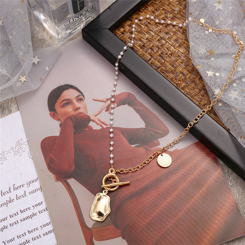 wholesale fashion pearl pendant OT buckle stitching alloy necklace Nihaojewelry