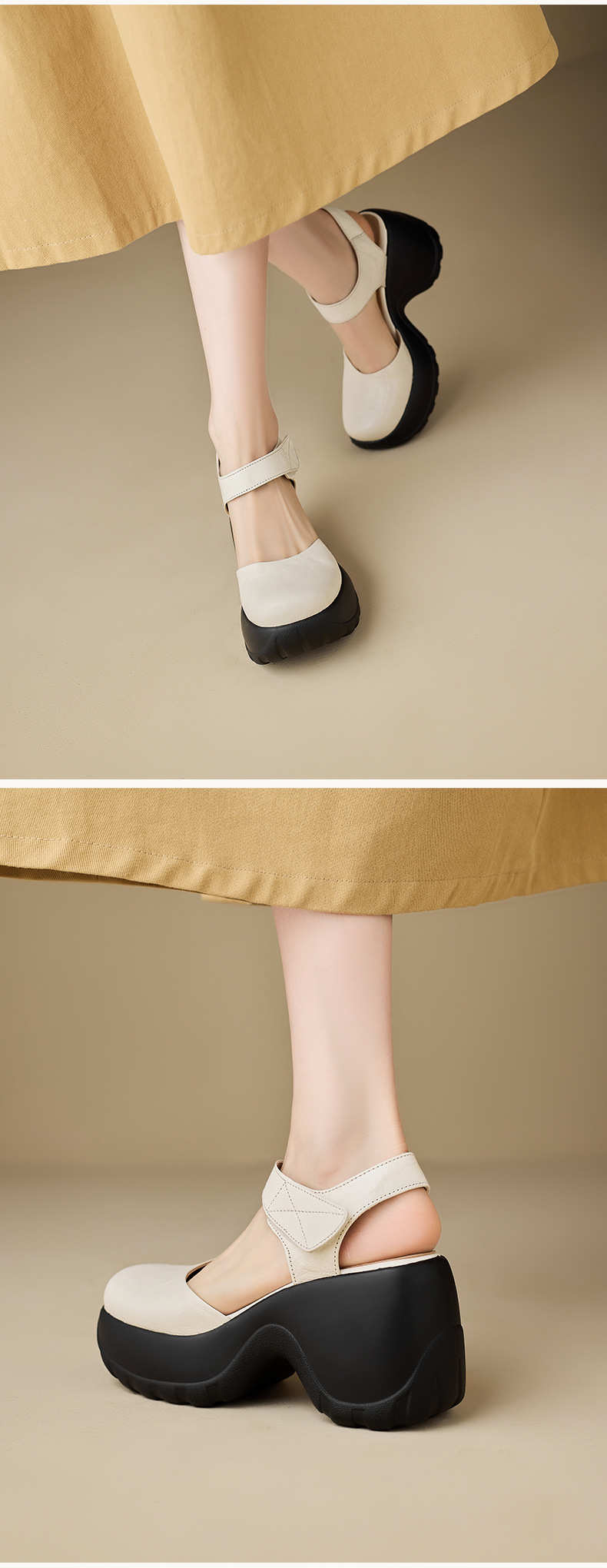 Sandal cao gót nữ hở mũi da thật quai dán, đế platform chống trượt, gót 9 cm — màu đen, màu trắng ngà chi tiết 5