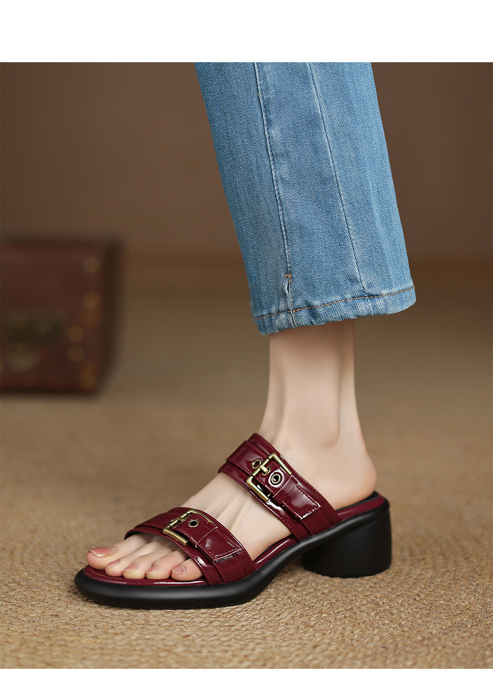 Sandal cao gót nữ hở mũi quai ngang khóa thắt lưng, đế dày mùa hè — đen chi tiết 7