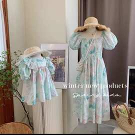 抖音同韩国童装亲子装纯棉女童夏季油画连衣裙韩系打榄女时尚扎染