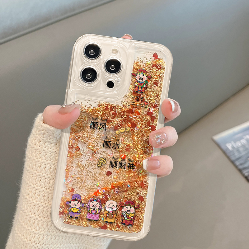 Five Gods of Wealth Suitable for Apple 16 Quicksand Mobile Phone Case 15 Fine Hole Anti-Fall 14 New Year 13 All-Inclusive Anti-Fall 12 Transparent 11