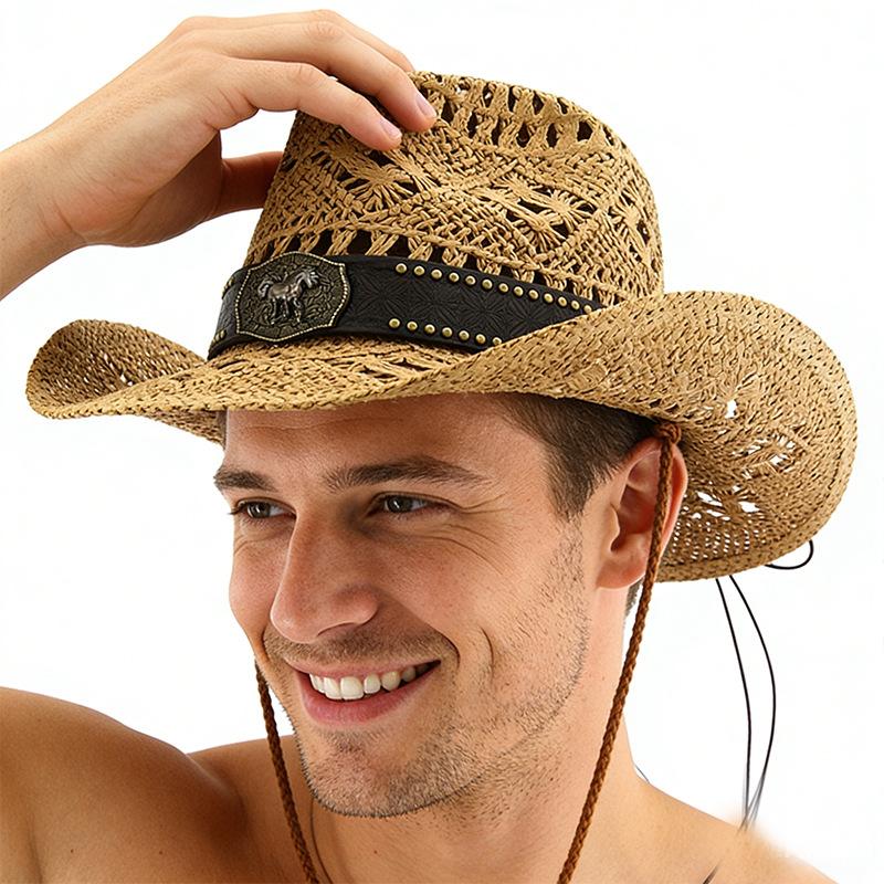 Men's Outdoor Riding Personalized Hollowed-out Handmade Straw Western Cowboy Hat, Ethnic Style Sun Hat_voghion.com