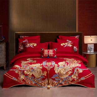 Wedding Four-Piece Set of Cotton Embroidered Wedding Multi-Piece Set New Chinese Style Dragon and Phoenix Red Wedding Bedding