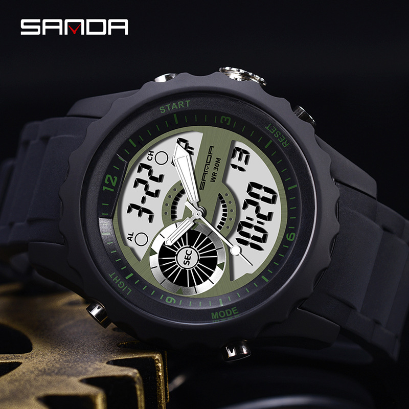 SANDA 769 impermeable multifuncional reloj deportivo al aire libre reloj electrónico de cuarzo de doble movimiento para hombres