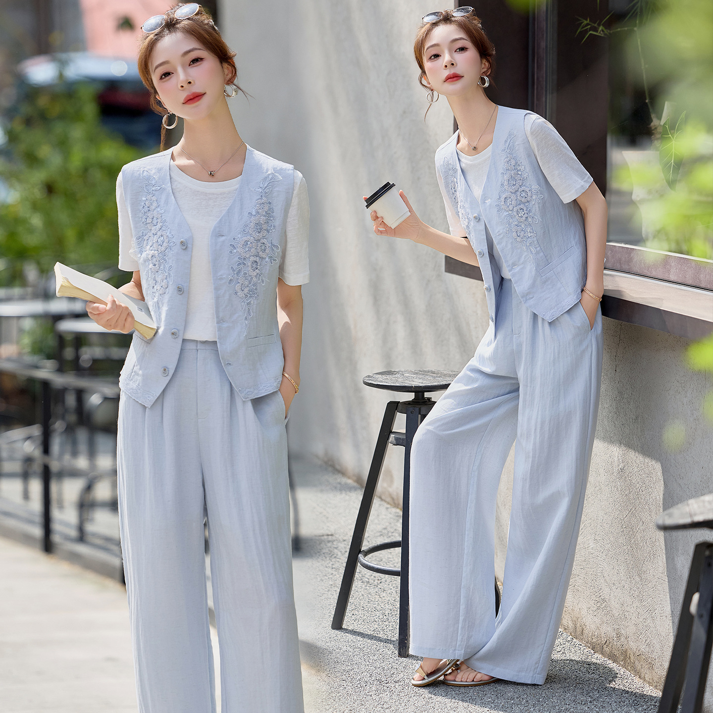 Bộ ba món nữ mùa hè 2026 gồm áo thun cổ tròn, áo gile thêu sequin và quần dài ống suông — màu xanh nhạt, màu trắng ngà