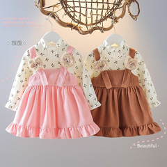 女童韓版春秋裝連衣裙假兩件套2022新款兒童燈芯絨小女孩公主裙子