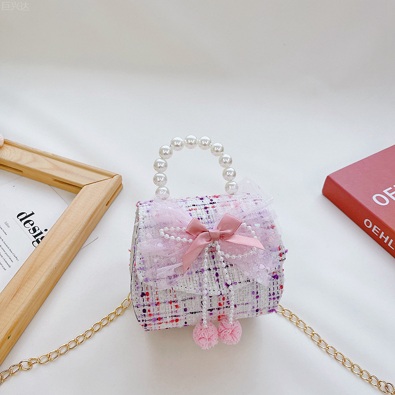 Bolsa de moda para niños 2021 otoño e invierno nuevo algodón y lino de lana estilo Chanel arco perla bolsa de mensajero portátil para niñas