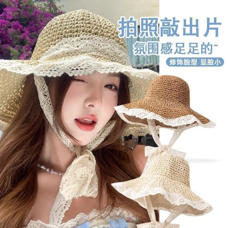 旅行用レディース韓国レース日焼け止めサンハット、海辺のビーチでの写真撮影、夏の麦わらサンハット|undefined