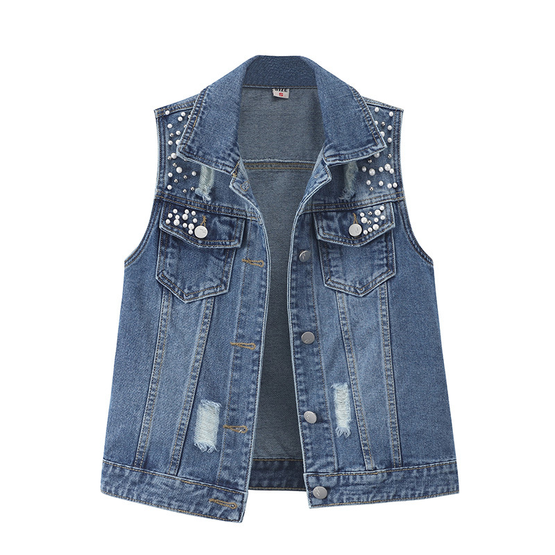 Versão coreana de primavera do versátil colete jeans com contas para mulheres, colete solto de personalidade fashion, roupa externa_voghion.com