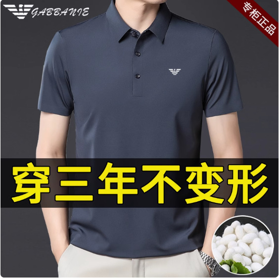 奇 阿玛尼亚高端桑蚕丝男士翻领短袖T恤夏季冰丝polo衫半袖上衣薄