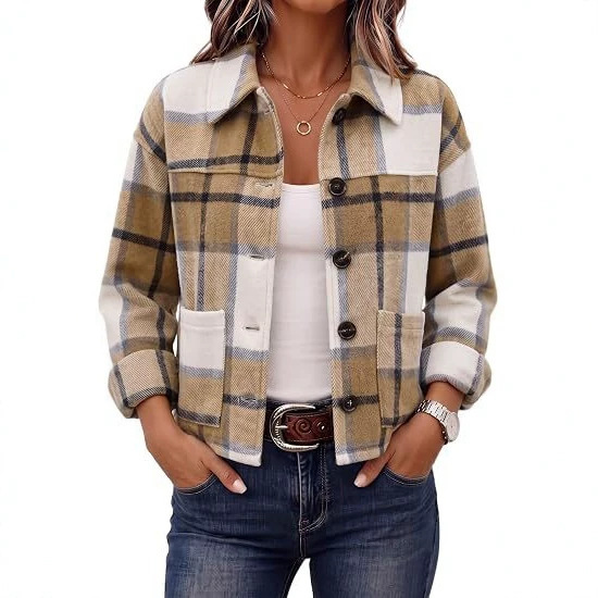 2026 Cross-border Outerwear Amazon Women's Flannel Short Plaid Jacket Buttoned Autumn Clothing