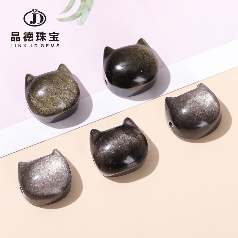 14mm natural silver obsidian cat head horizontal hole accessories gold obsidian faceless cat diy jewelry accessories pendant wholesale
