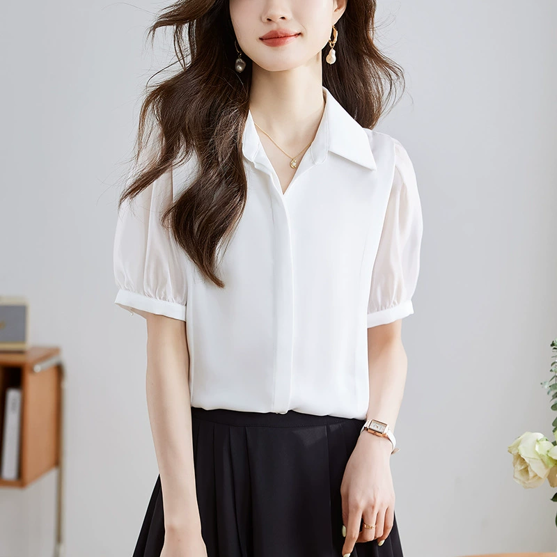 2024 летний новый французский V-образный вырез мягкая шифоновая рубашка женский новый европейский вуаль рукав с короткими рукавами топ