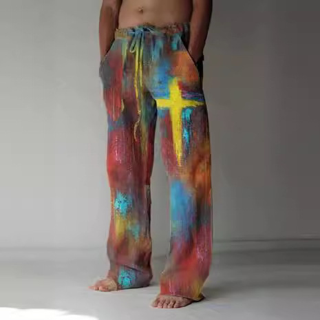 2024 Foreign Trade Cross-Border Aliexpress Amazon Men's Pants 3D Digital Printing Japanese Velvet Wide-Leg Pants Pod Customization