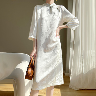 新中式國風提花旗袍真絲緞面純色高級感氣質中袖立領春夏連衣裙