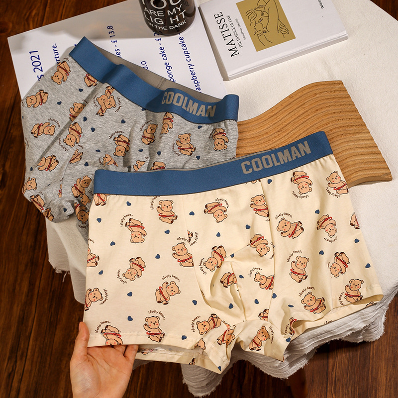 Cute Cartoon Printed Men's Pure Cotton Underwear, Seamless, Highly Elastic, Comfortable, Sexy, Breathable, Mid-Waist Boxer Briefs for Men