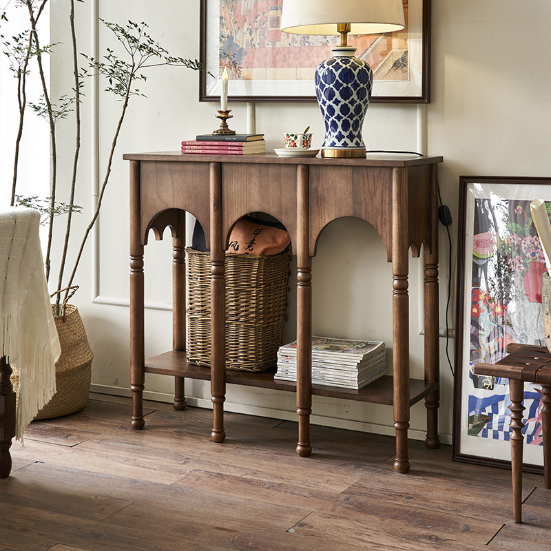 French-Style Vintage Narrow Entryway Table, Living Room Solid Wood Side Cabinet, Storage Cabinet, Side Table, Foshan Furniture for Entryway