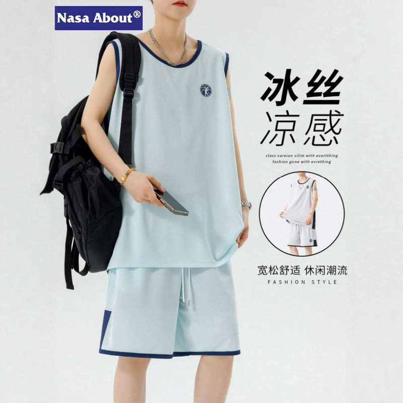 NASA ice silk sports suit for men, summer youth running quick-dry jersey, boys' sleeveless tank top basketball uniform NASA ice silk sports suit for men, summer youth running quick-dry jersey, boys' sleeveless tank top basketball uniform