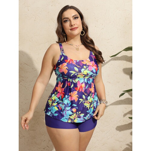 2025 European and American Style Two-piece Tankini Swimsuit Printed Skirt Gathered Halter Swimsuit for Women