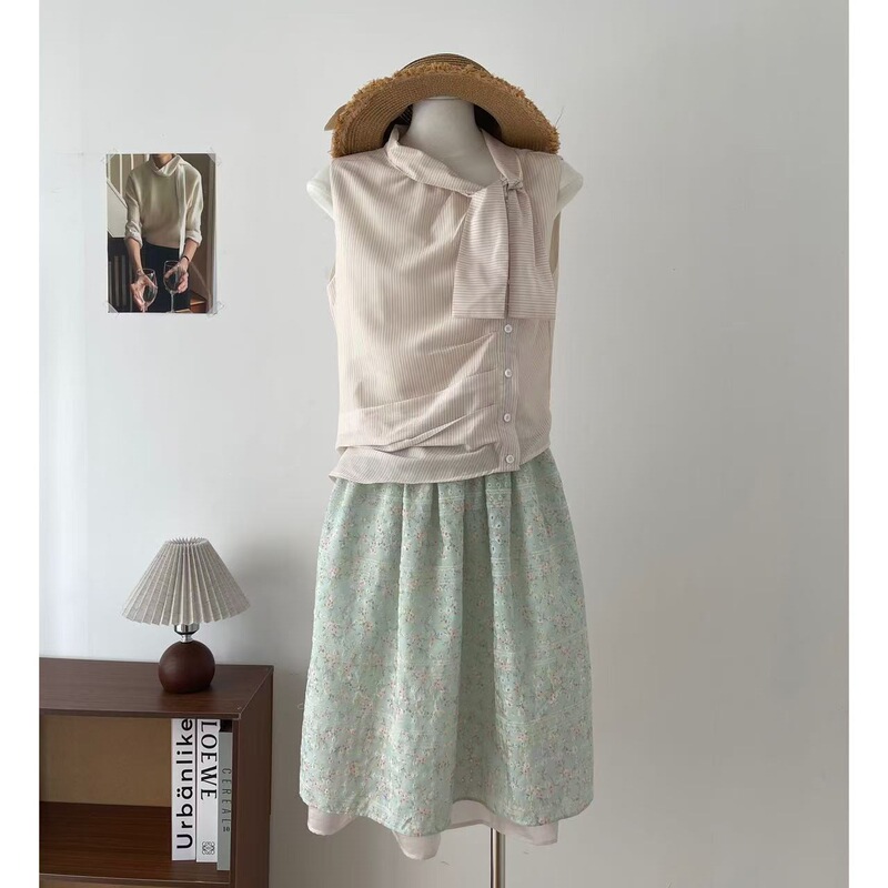 Green Pear Floral Embroidery Color-Blocked Elastic Waist Skirt, Floral Skirt, Shirt and Skirt Set, Off-Shoulder