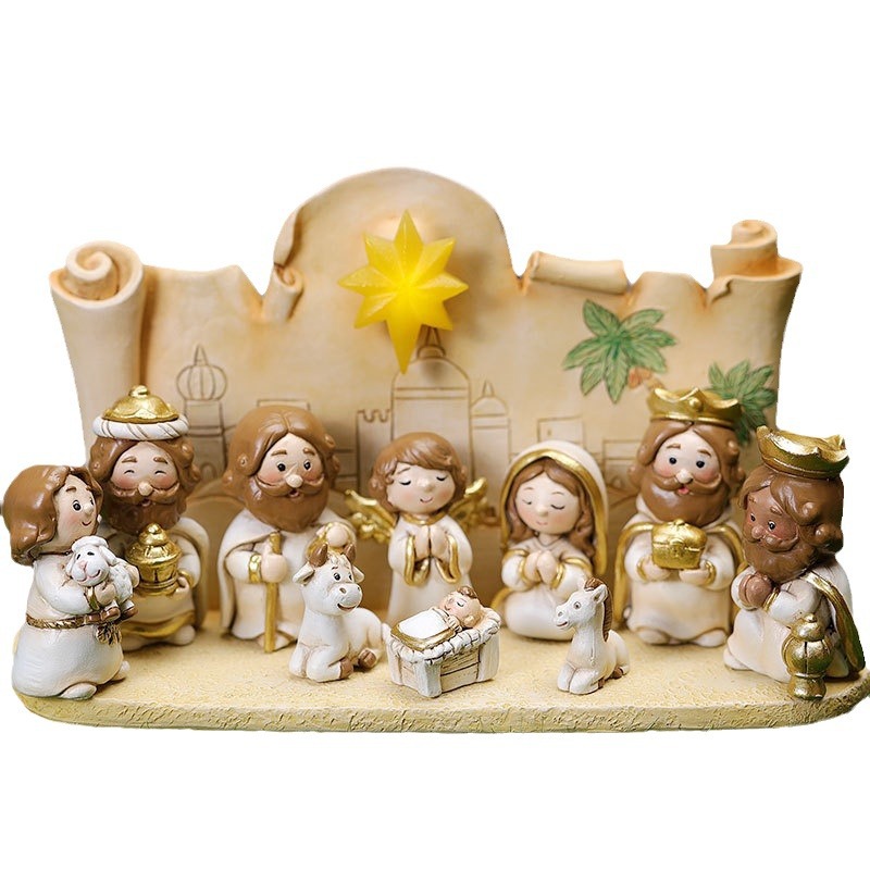 Fabricantes personalizados regalos de Navidad dibujos animados nacimiento pesebre grupo escenas pequeñas decoraciones estatuas artesanías decorativas para el hogar