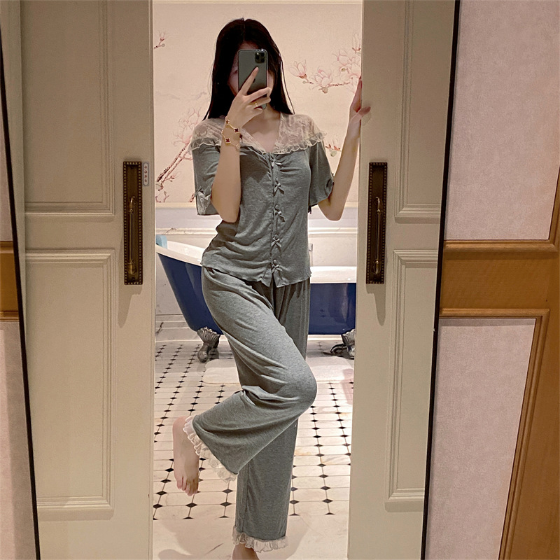 莫代爾睡衣女春夏季新款帶胸墊短袖長褲性感蕾絲花邊高級感家居服