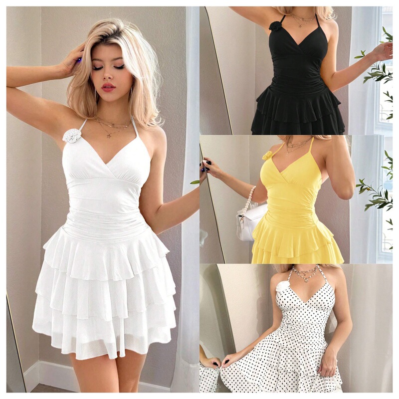 Y2K Spring Vacation Summer Outfit Solid Color Floral Decoration Halter Pleated Mini Dress with Mesh Layered Coat Underneath